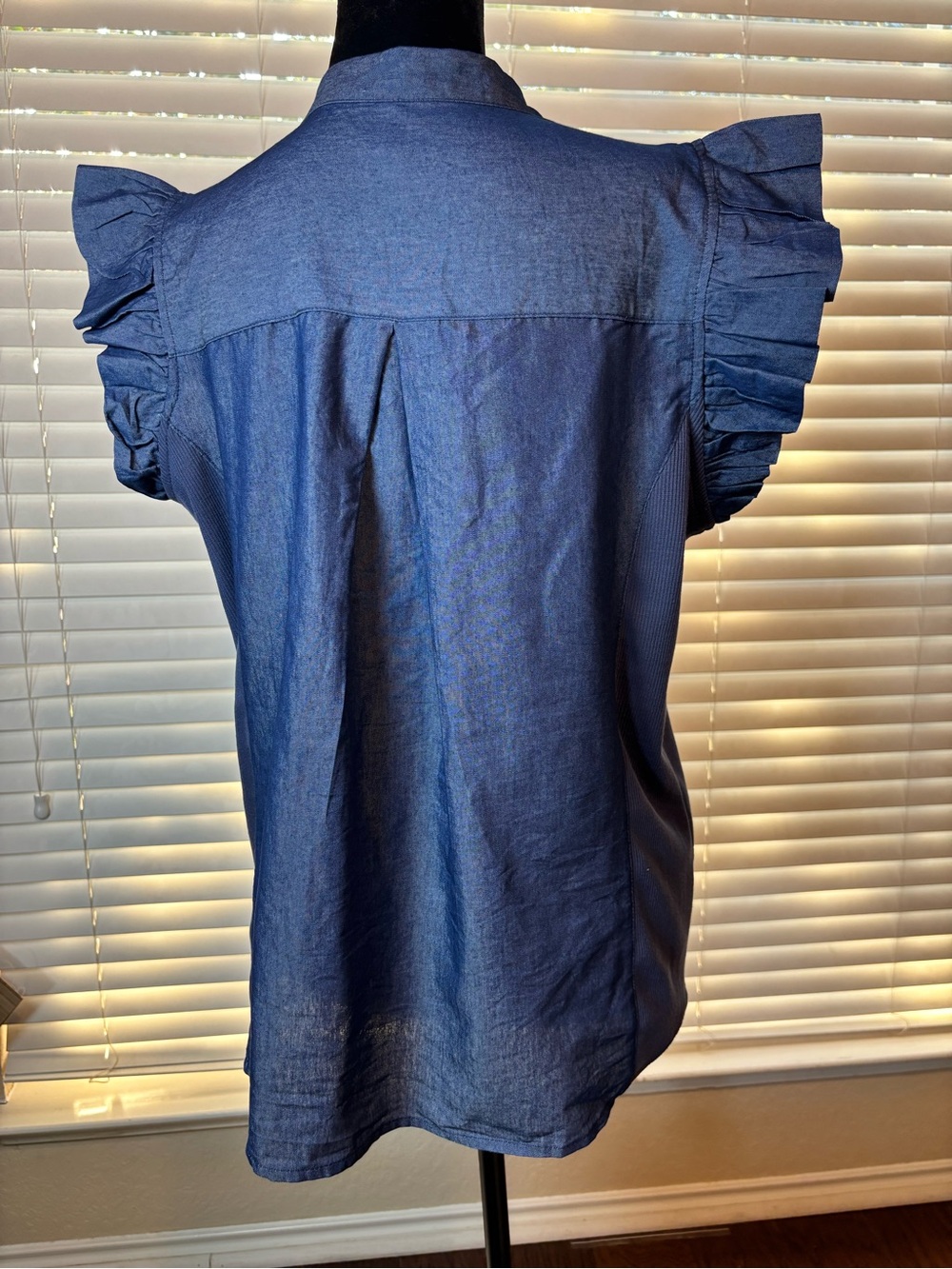 NY Collection Blue Ruffle-Sleeve Button Front Top - Picture 2 of 7